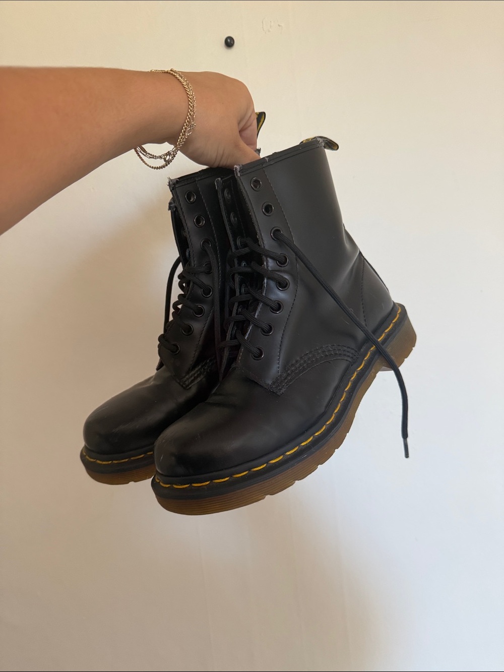 Dr. Martens Black Leather Combat Boots with Yellow Stitching